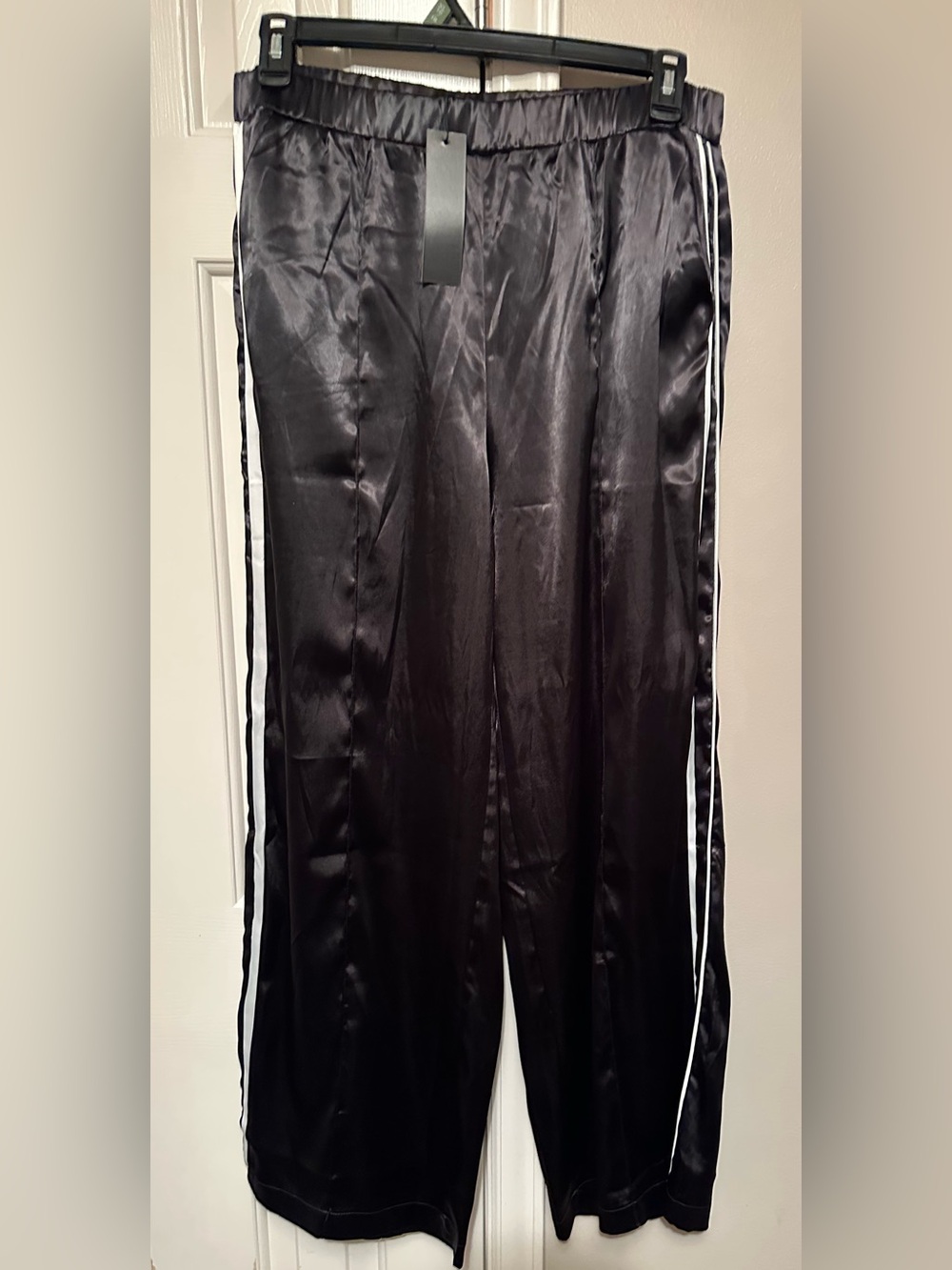 Women's Black Satin Track Pants with White Side Stripes